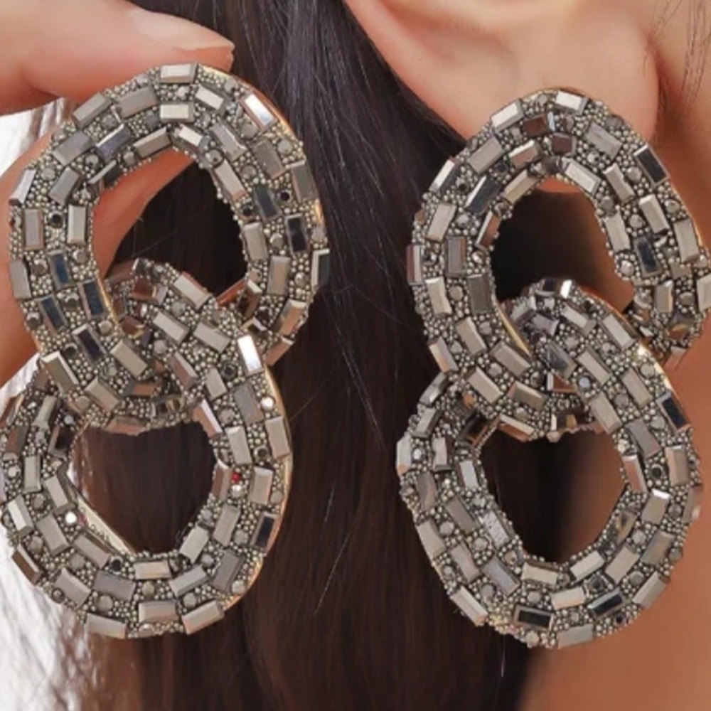 Statement Double-Loop Crystal Drop Earrings in Silver